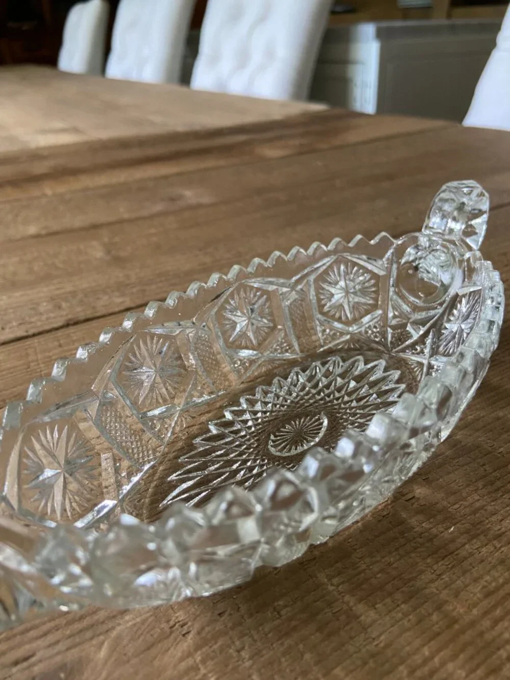 Vintage Cut Glass Canoe Boat Dish Starburst Pattern 6